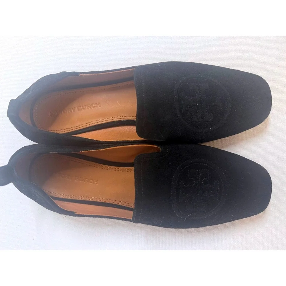Tory Burch Suede Logo Loafers Black Square Toe Flats Womens Size 6